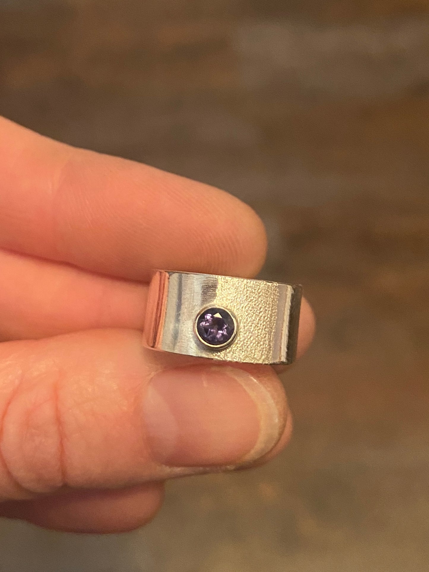 Iolite wide band ring, size 6.5, purple-blue silver ring, wide silver band