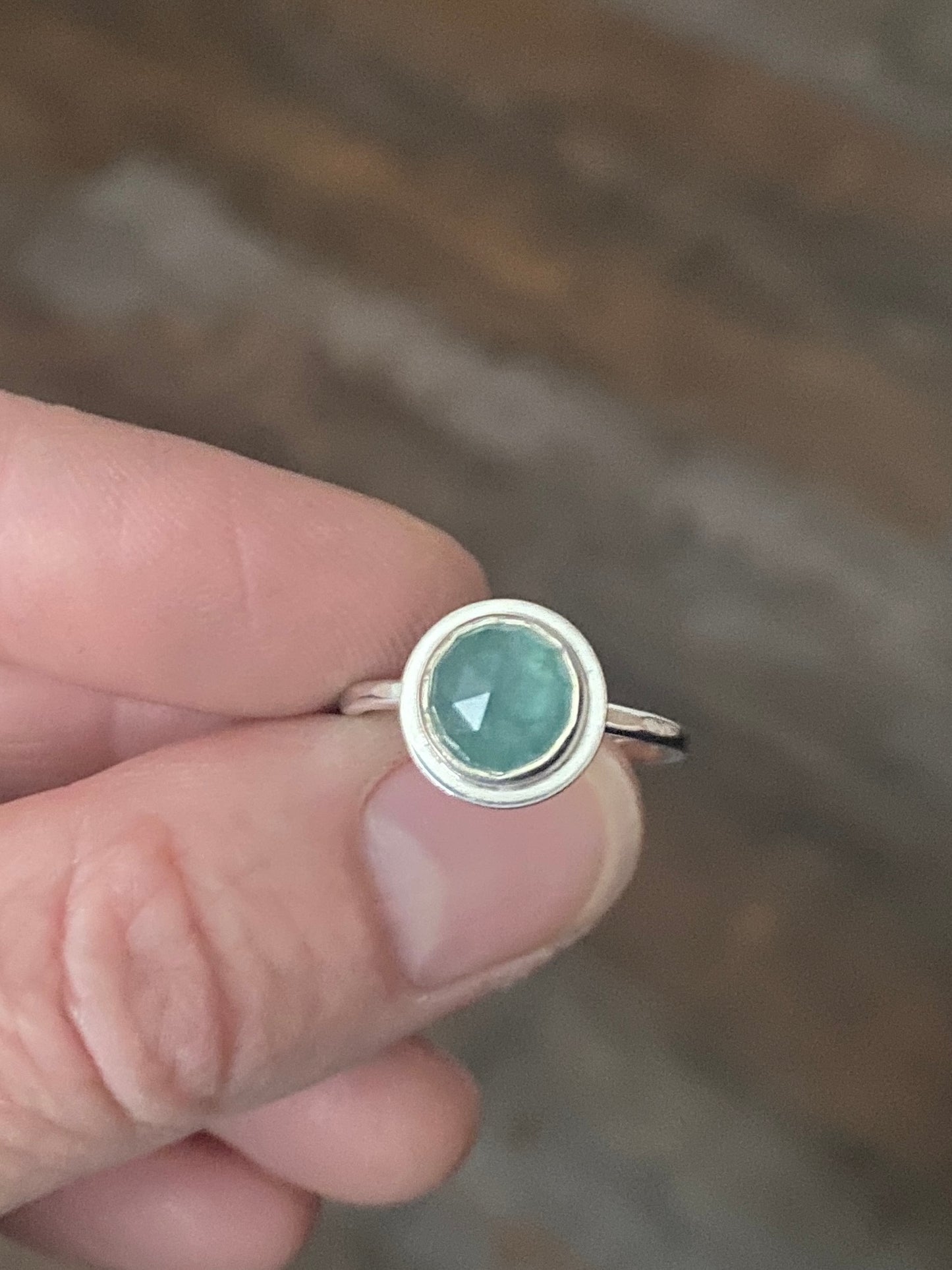 Grandidierite ring, size 7, hammered thin silver band