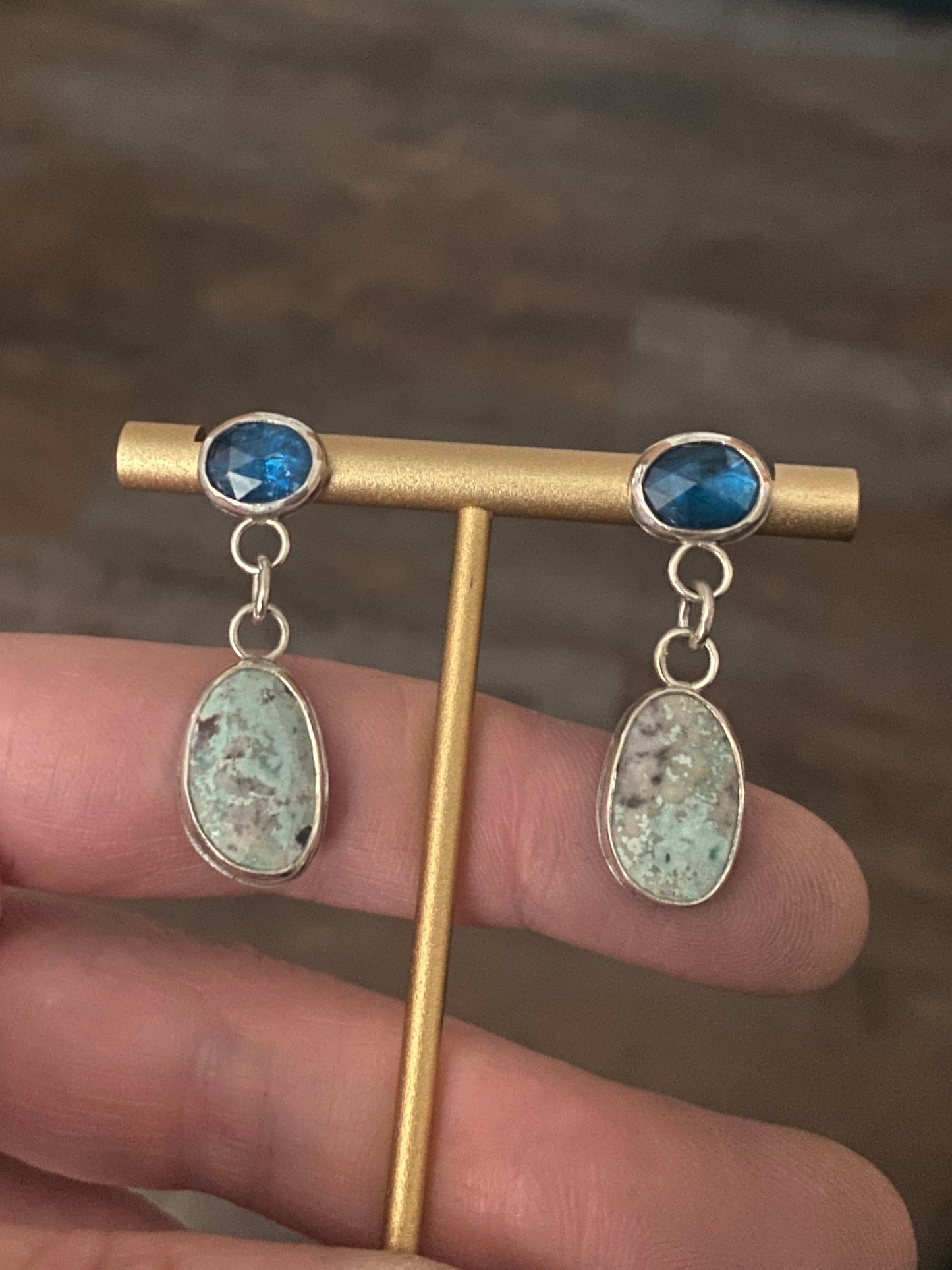 Teal kyanite and turquoise silver dangle earrings