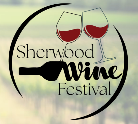 Logo for Sherwood Wine Festival with wine glasses and a bottle on a blurred natural background