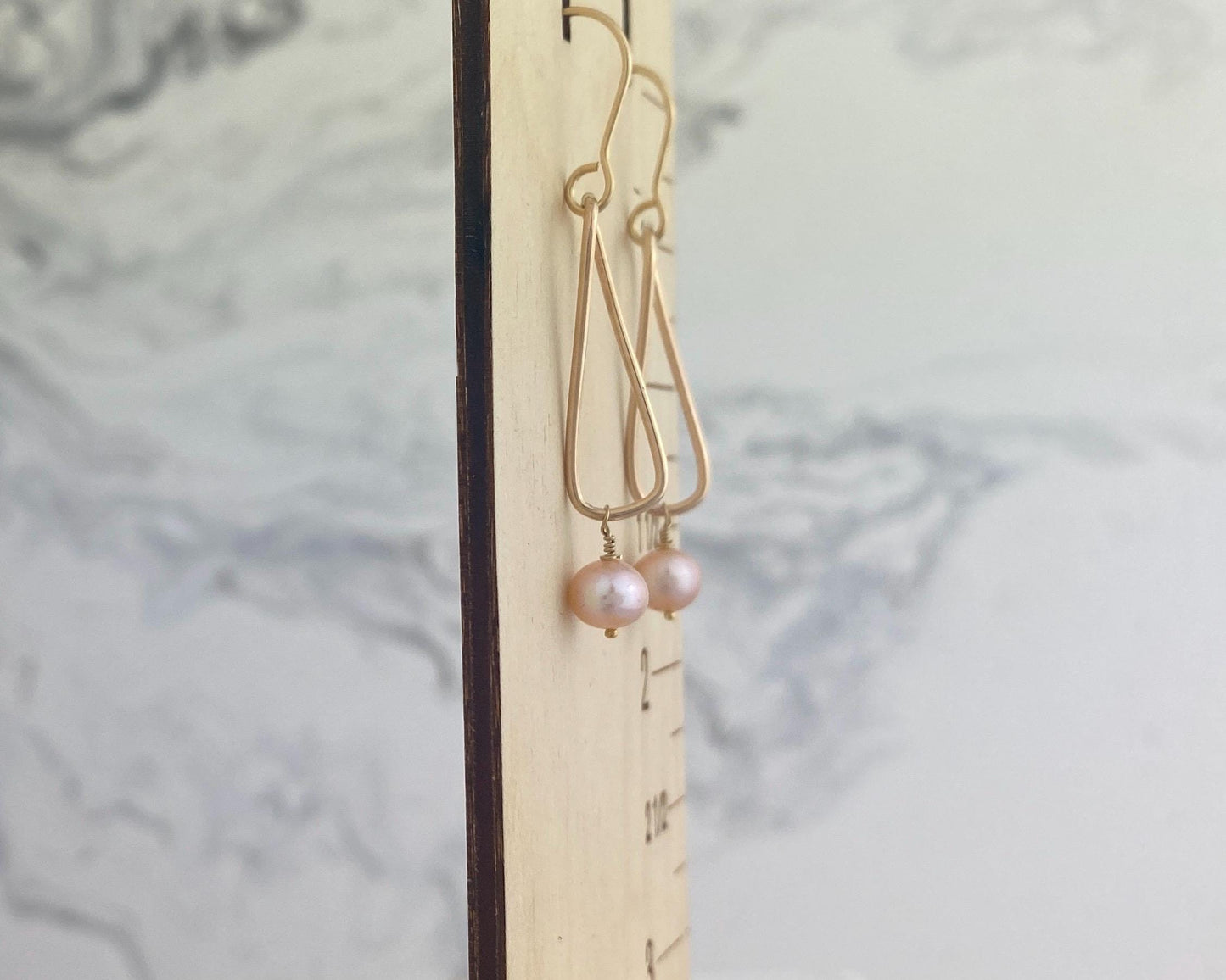 Pearl and gold earrings, twisted gold-fill drops, pink pearl dangles
