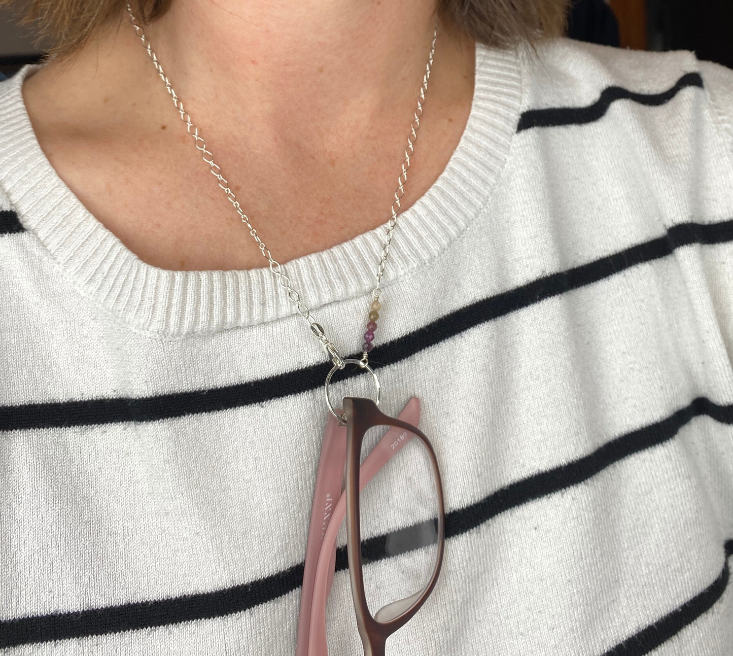 The Spectacle Necklace, eyeglasses chain, circle necklace, tourmaline and sapphire accents