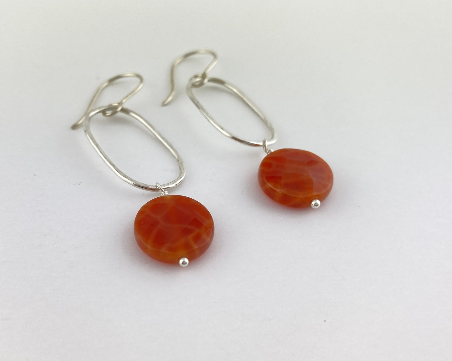 Fire agate rectangle silver earrings, orange dangle, squoval statement earrings, hammered silver