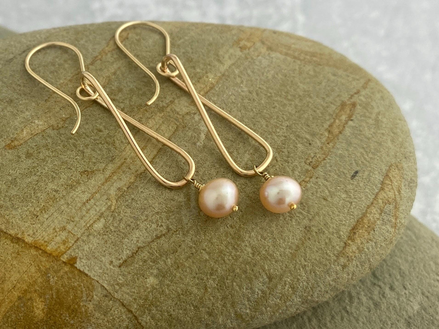 Pearl and gold earrings, twisted gold-fill drops, pink pearl dangles