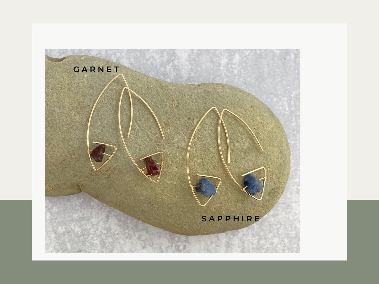Architectural hoop earrings, silver or gold, raw gemstones