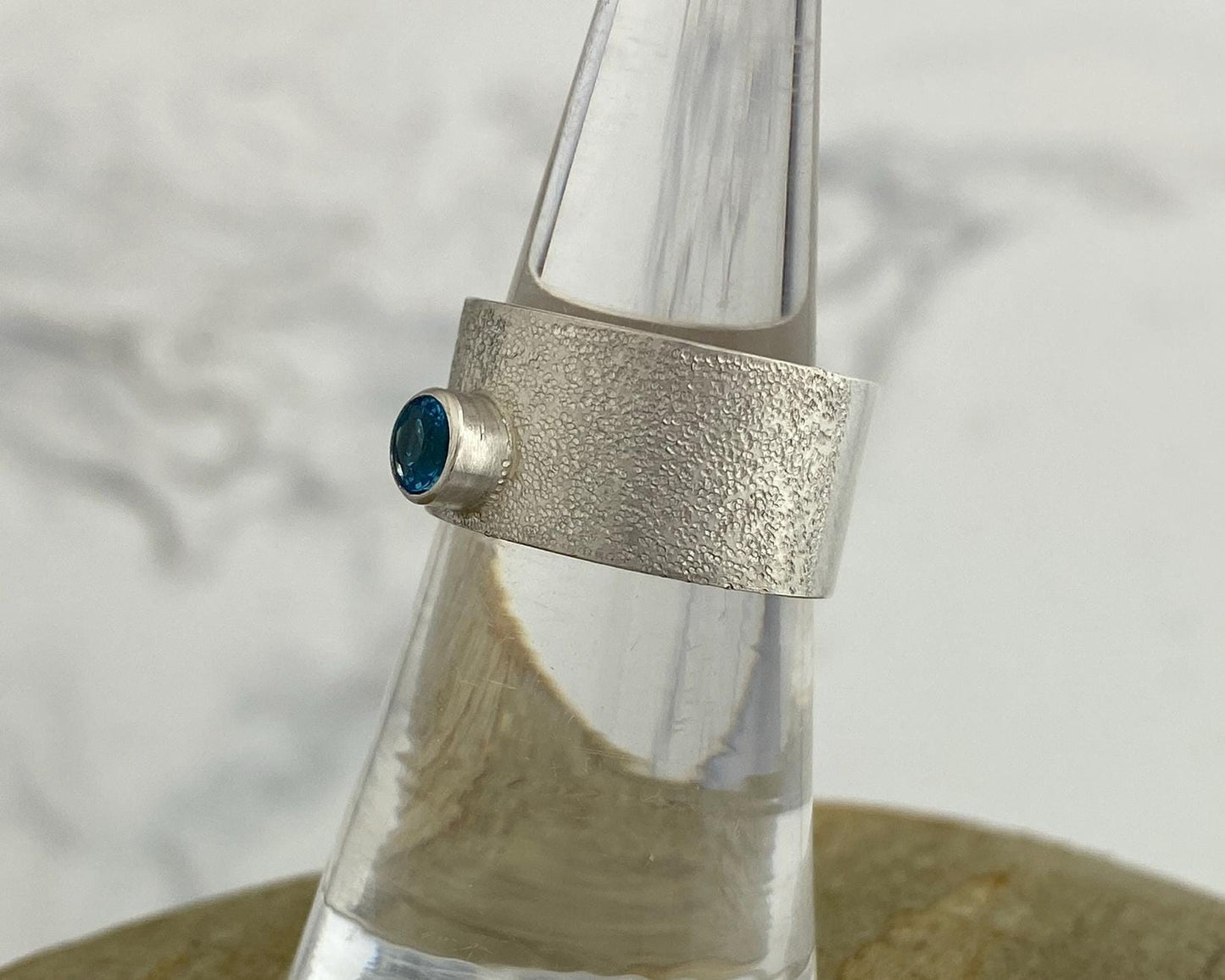 Blue topaz wide band ring, size 6 1/4, blue silver ring, wide silver band