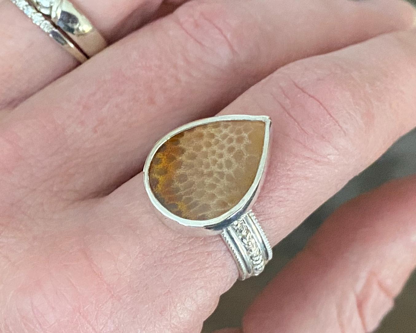 Fossil palm ring, size 10 3/4, neutral silver ring, wide silver flower band