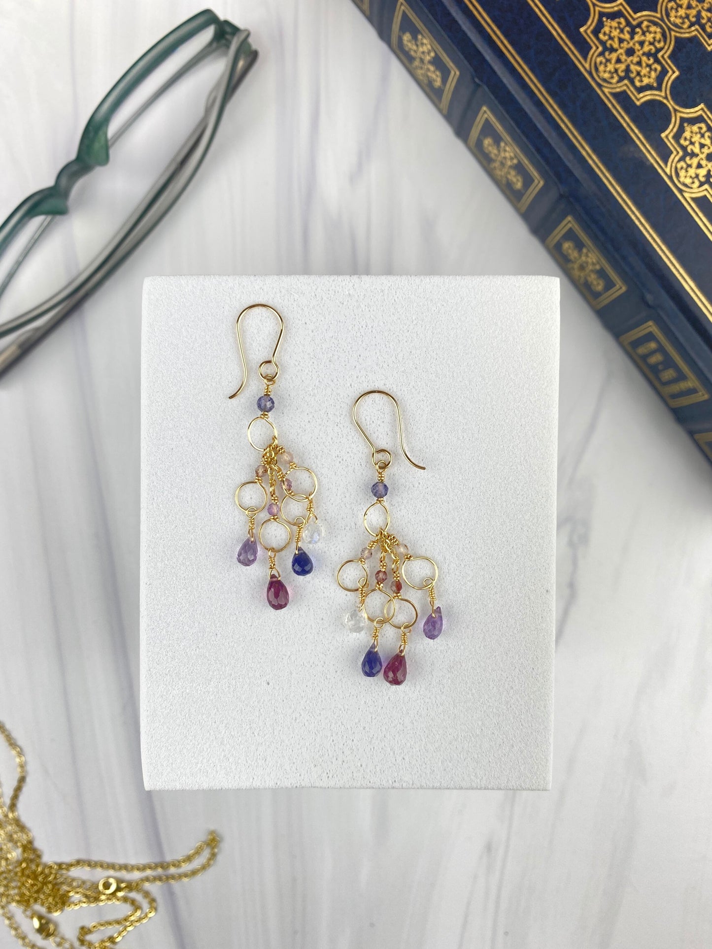 Jewel tone waterfall dangle earrings, blue, purple, lavender earrings lightweight