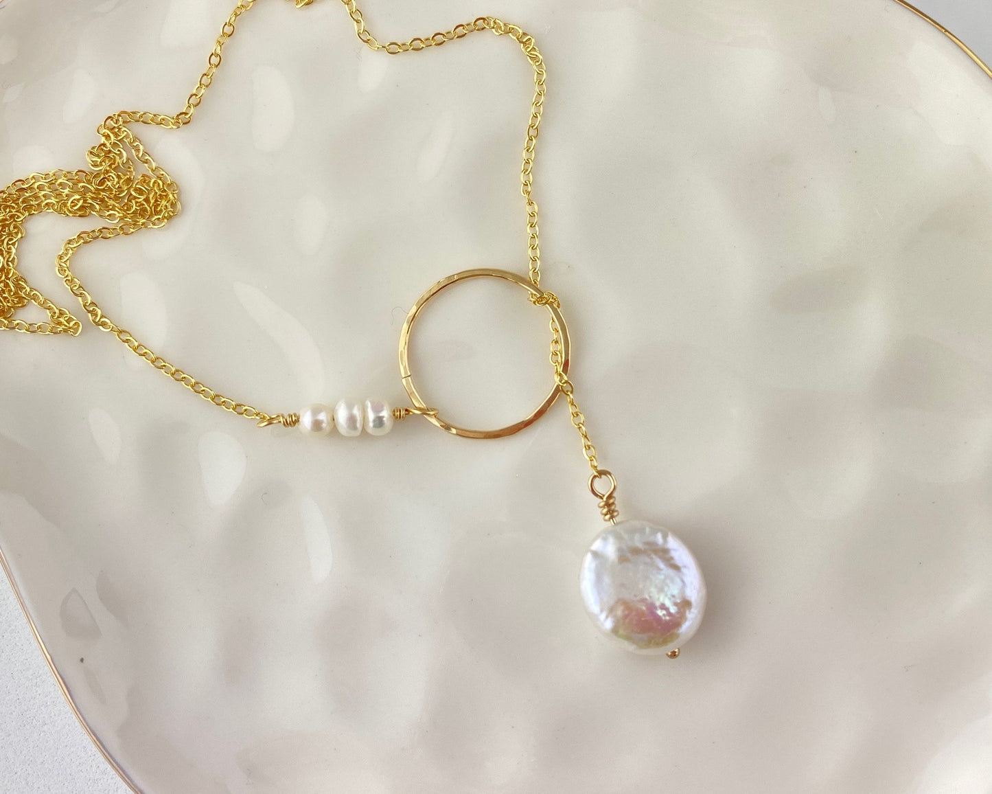 Pearl and gold lariat necklace, dainty, 20”, cultured coin pearl