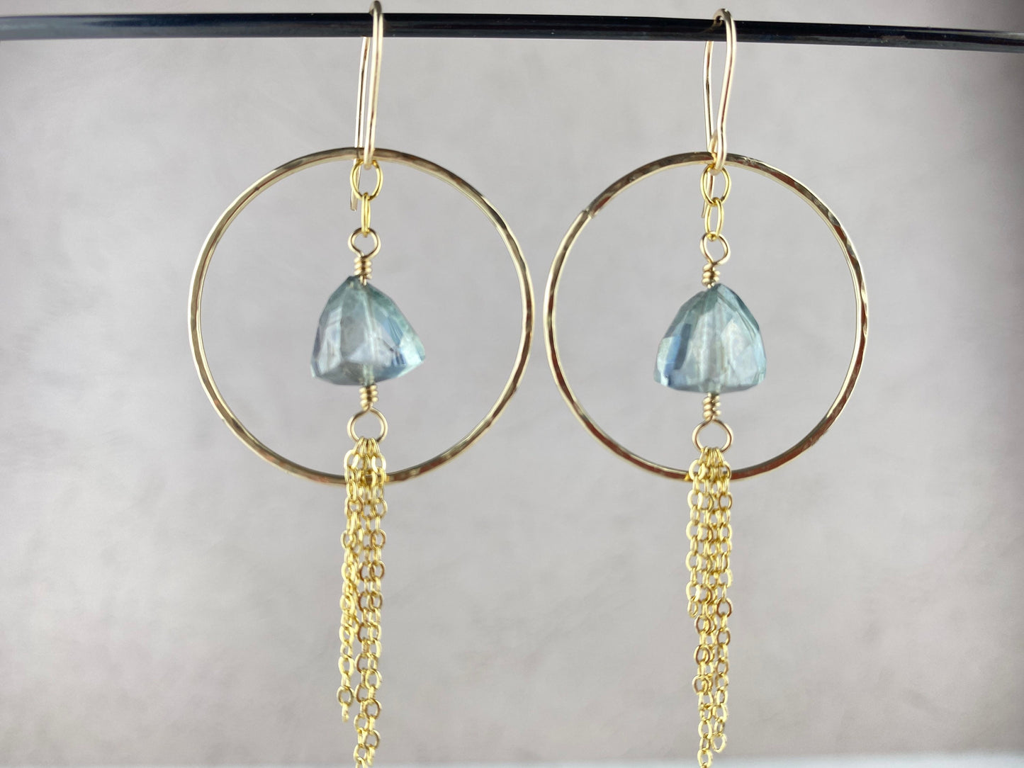 Gold hoop earrings, Pyramid teal tourmaline hoop dangles, gold-fill statement earrings