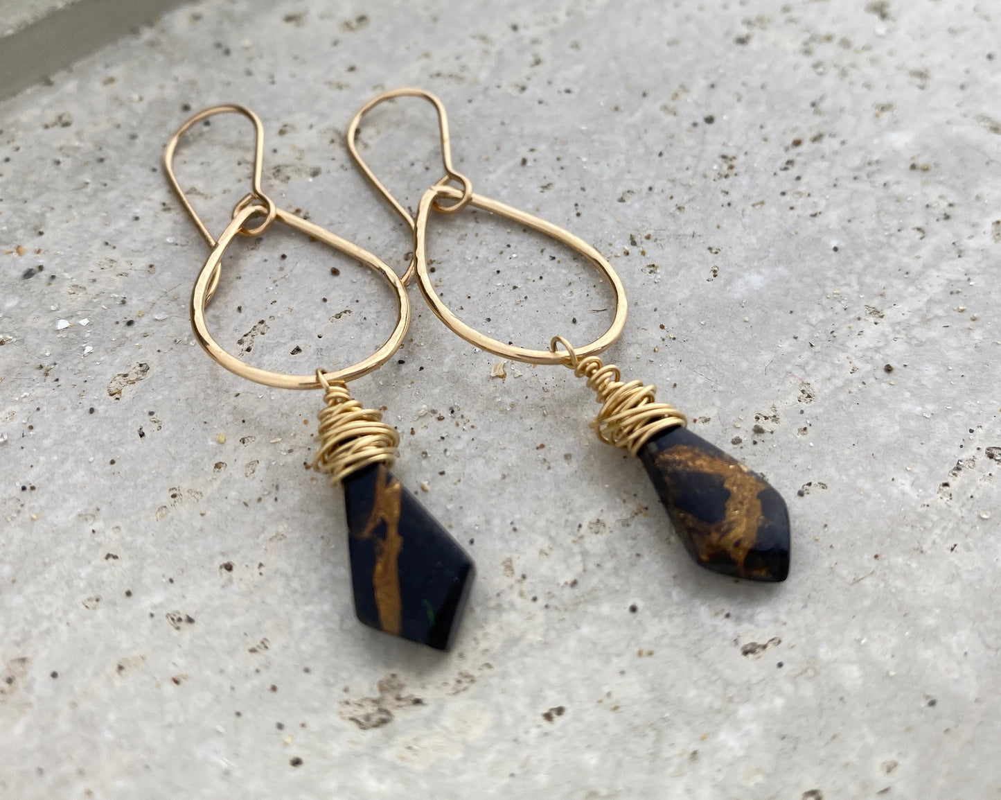 Black Gold Teardrop Earrings, obsidian copper stones on gold-fill, wrapped stones