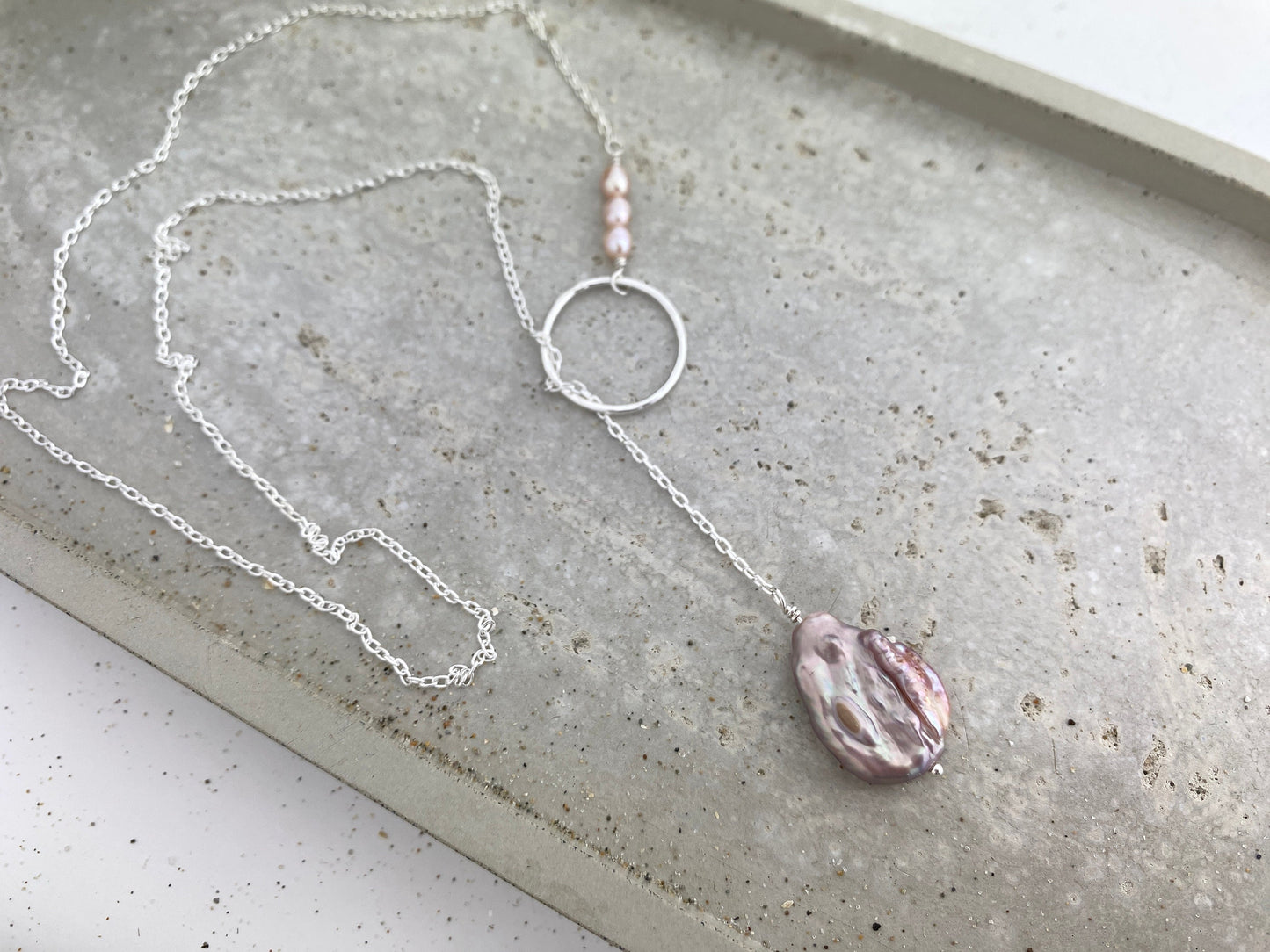 Pink pearl and silver lariat necklace, dainty, 20”, pink Keshi pearl, y necklace