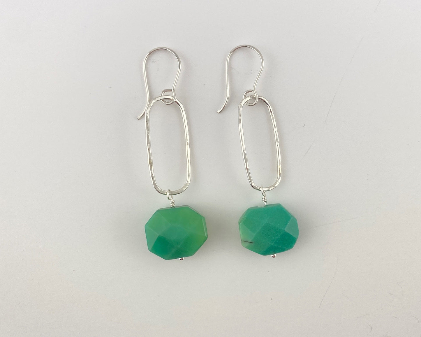 Apple agate rectangle silver earrings, green dangle