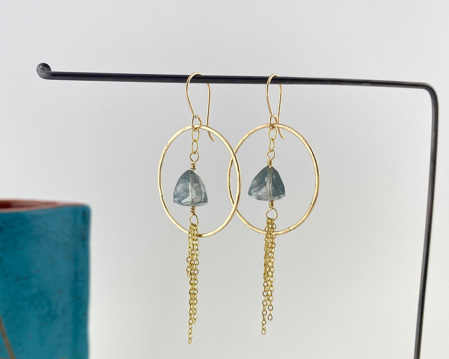 Gold hoop earrings, Pyramid teal tourmaline hoop dangles, gold-fill statement earrings