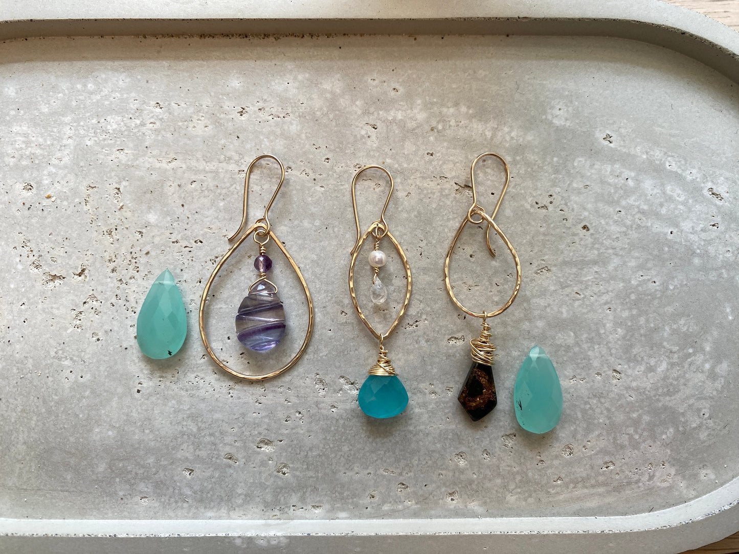Black Gold Teardrop Earrings, obsidian copper stones on gold-fill, wrapped stones