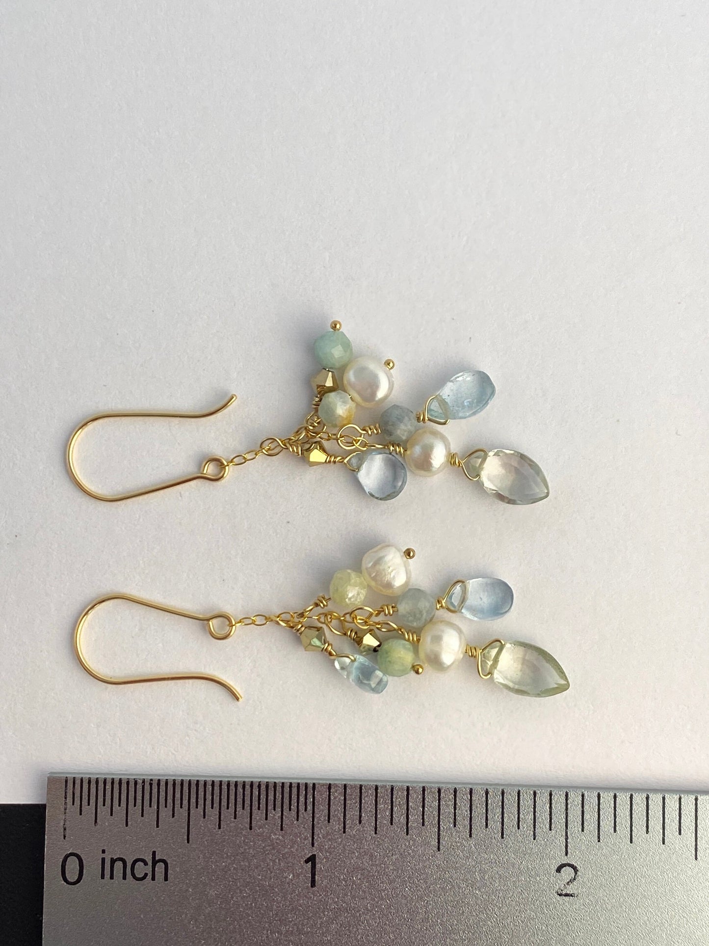 Aquamarine, prasiolite and pearl earrings, gold-fill, soft green, sea-foam