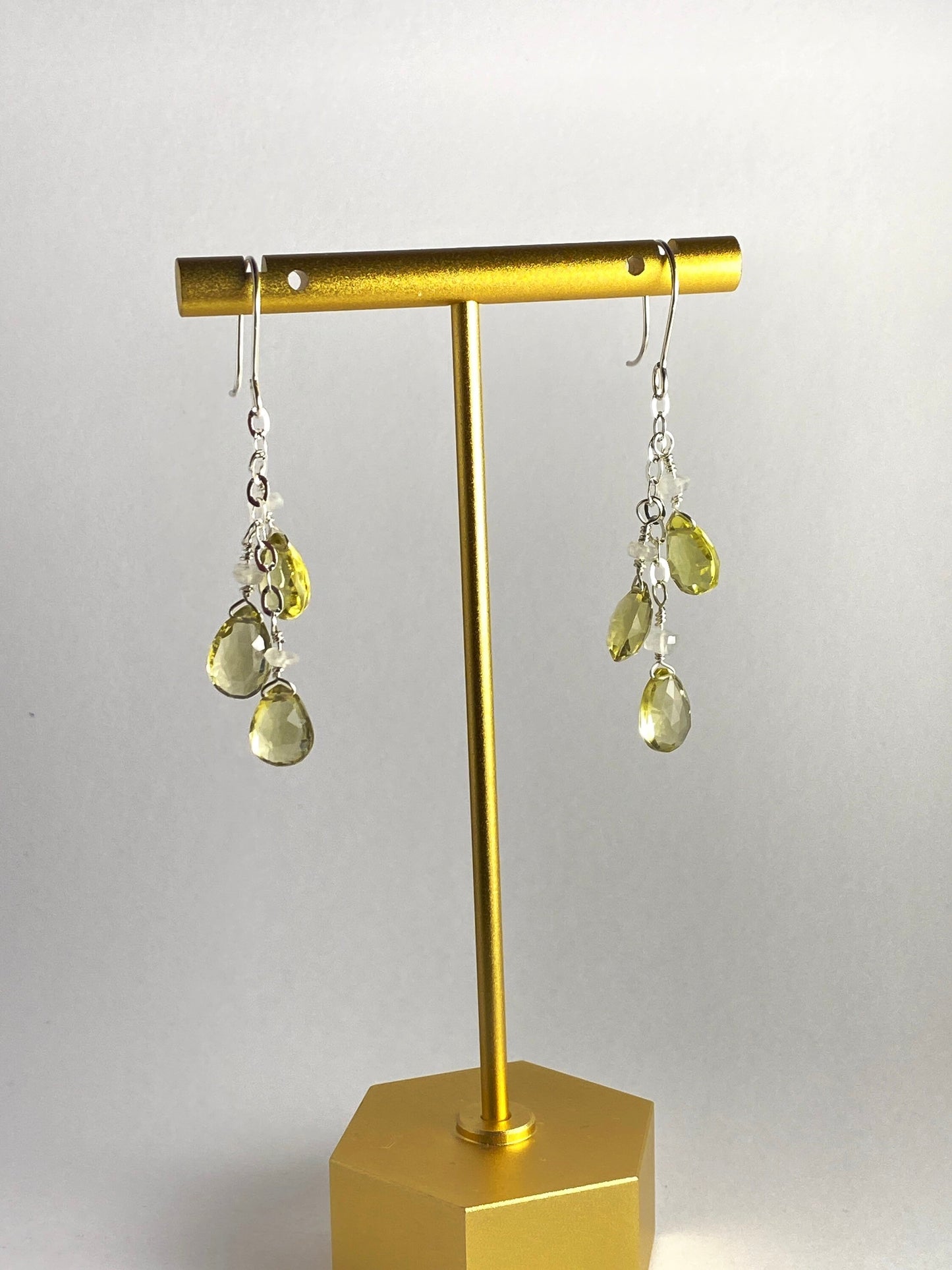 Lemon quartz sterling silver chain earrings, moonstone accents, made to order