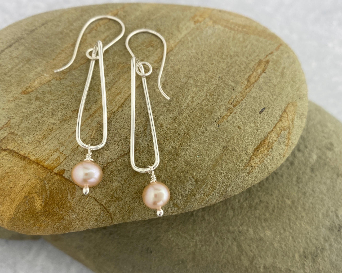 Pearl and silver earrings, twisted sterling drops, pink pearl dangles