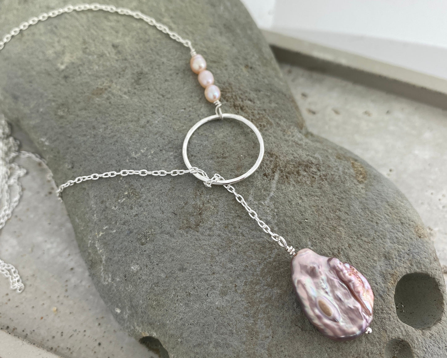 Pink pearl and silver lariat necklace, dainty, 20”, pink Keshi pearl, y necklace