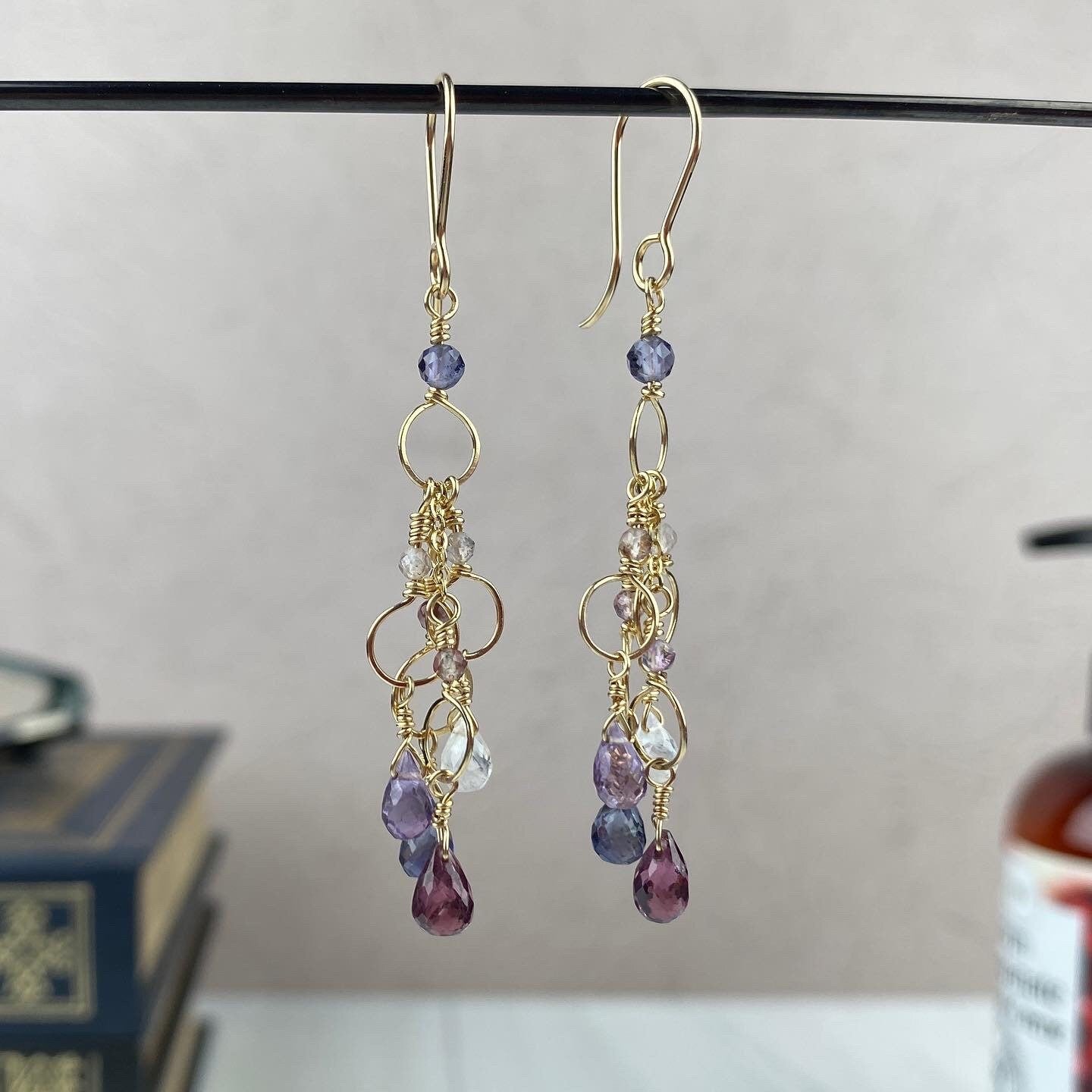 Jewel tone waterfall dangle earrings, blue, purple, lavender earrings lightweight