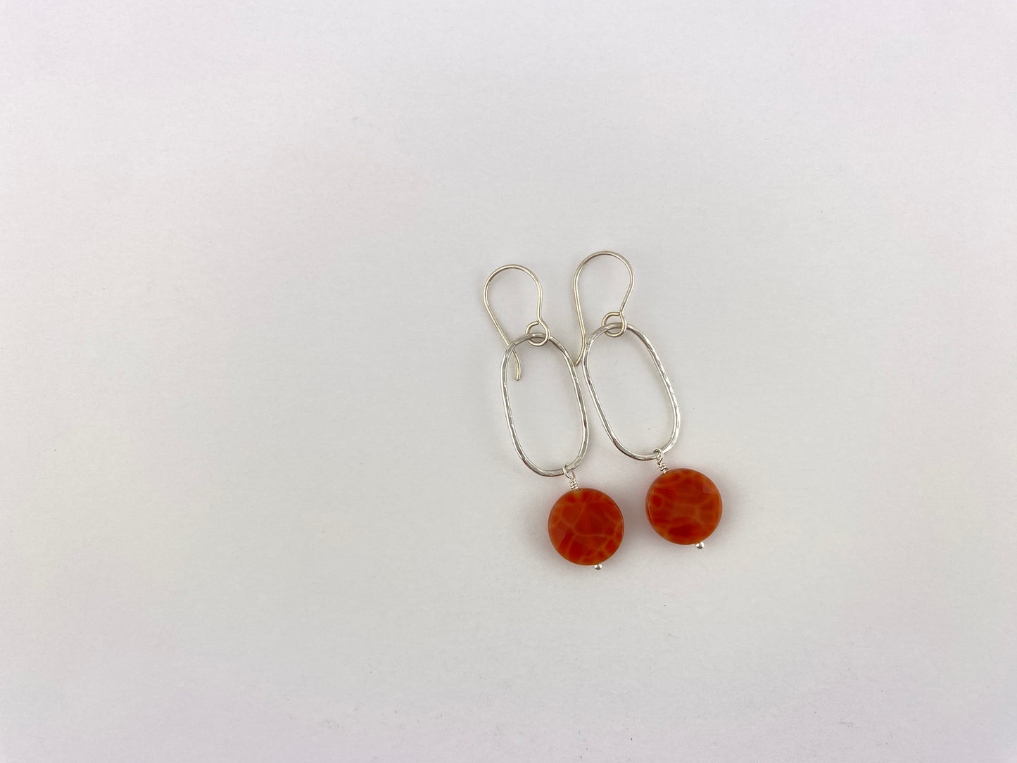 Fire agate rectangle silver earrings, orange dangle, squoval statement earrings, hammered silver