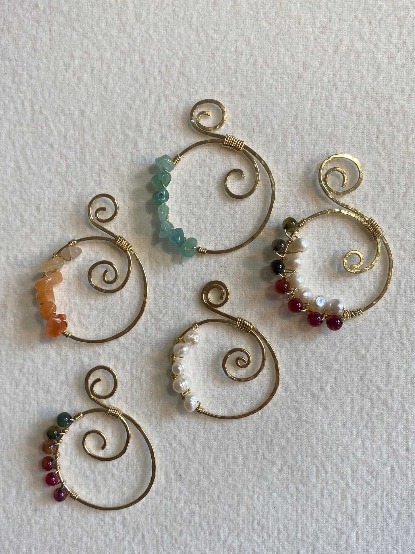Hammered gold-fill pendant, cultured pearls, spiral and wire wrapped