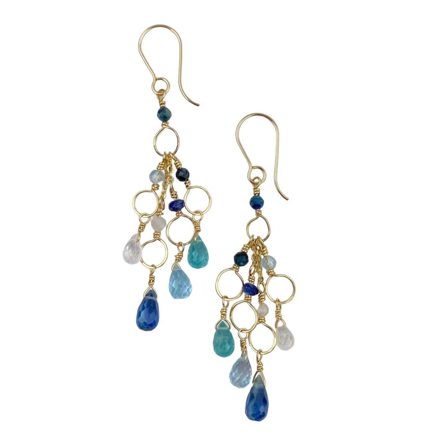 Elegant blue gold earrings, Frozen waterfall earrings, teal, something blue for bride