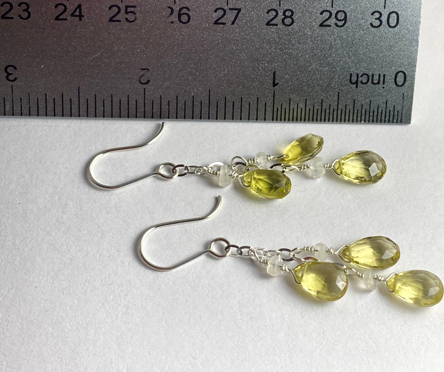 Lemon quartz sterling silver chain earrings, moonstone accents, made to order