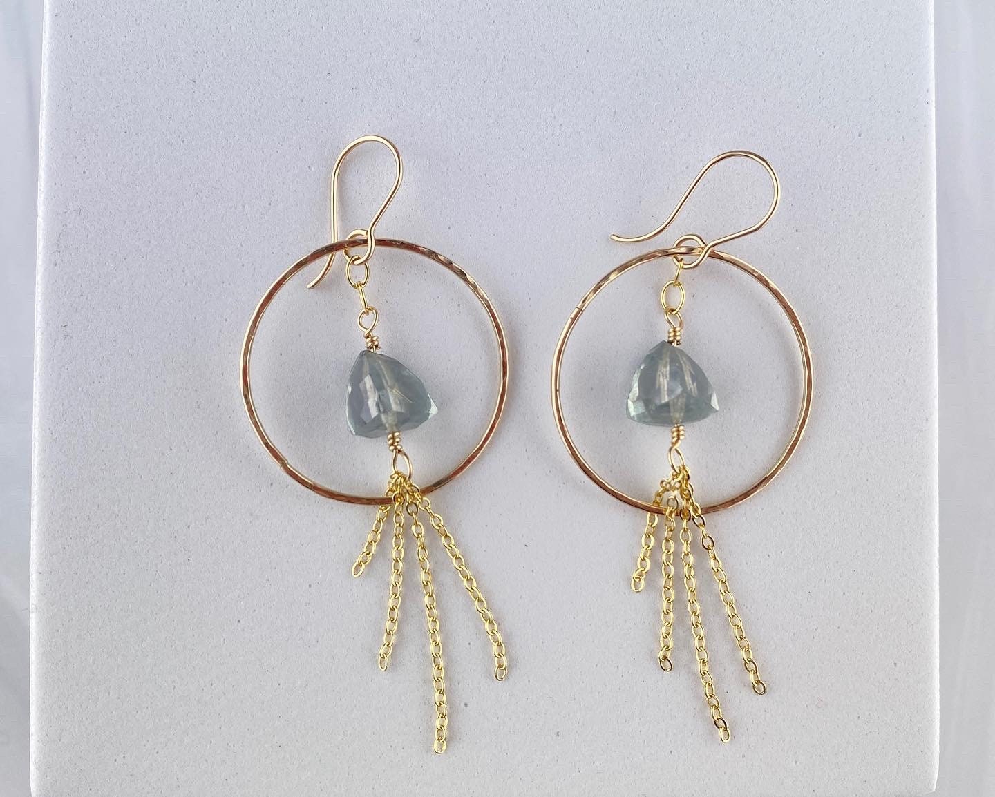 Gold hoop earrings, Pyramid teal tourmaline hoop dangles, gold-fill statement earrings