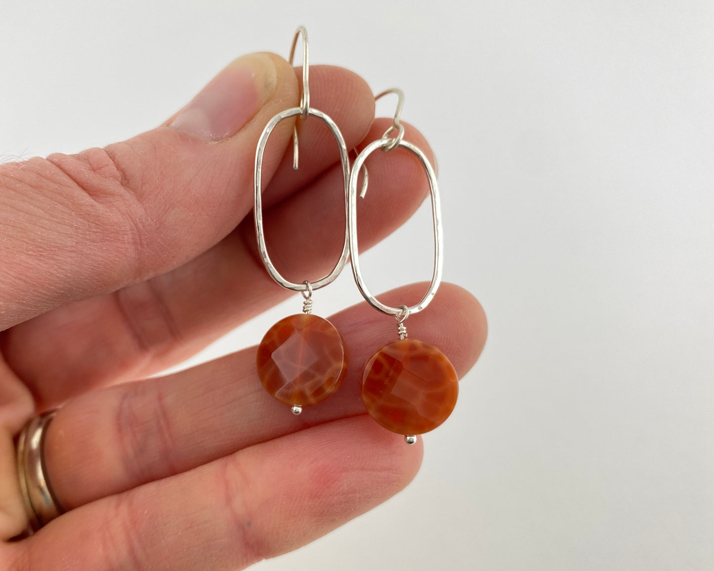Fire agate rectangle silver earrings, orange dangle, squoval statement earrings, hammered silver