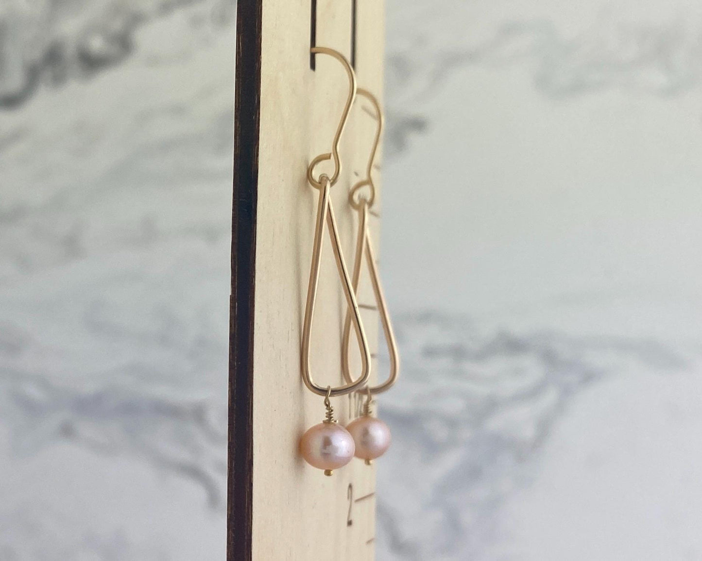 Pearl and gold earrings, twisted gold-fill drops, pink pearl dangles