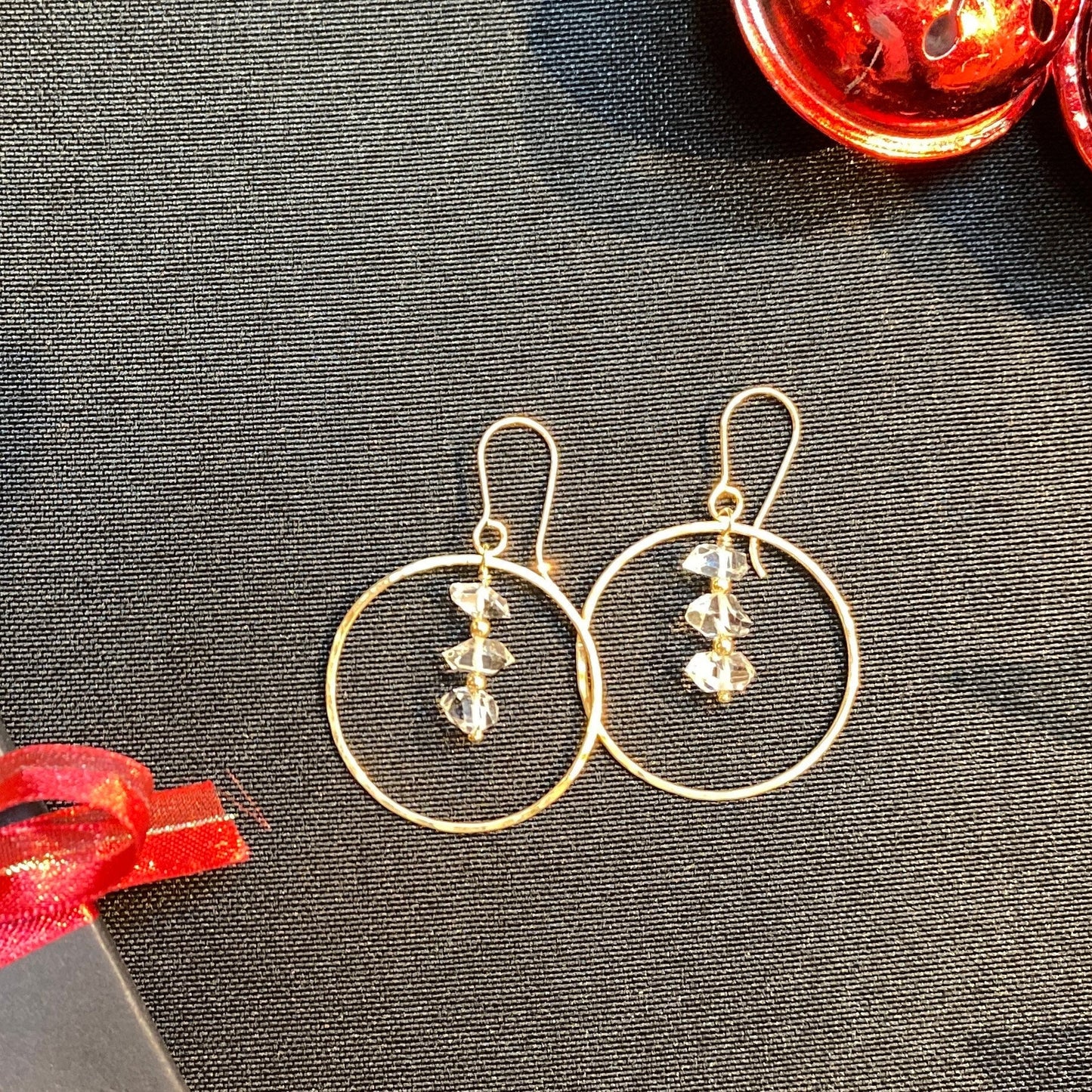 Herkimer Diamond Gold Hoop Earrings, colorless Quartz and gold-fill