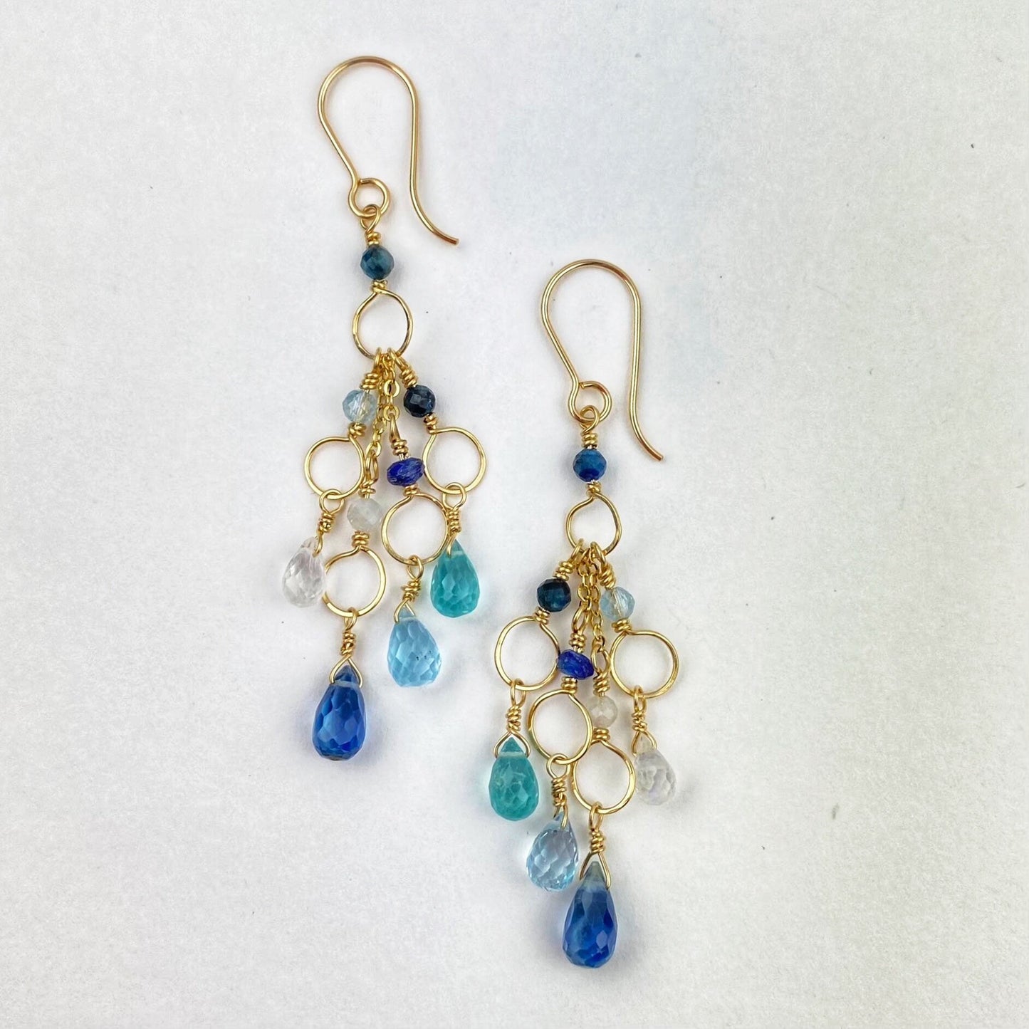 Elegant blue gold earrings, Frozen waterfall earrings, teal, something blue for bride