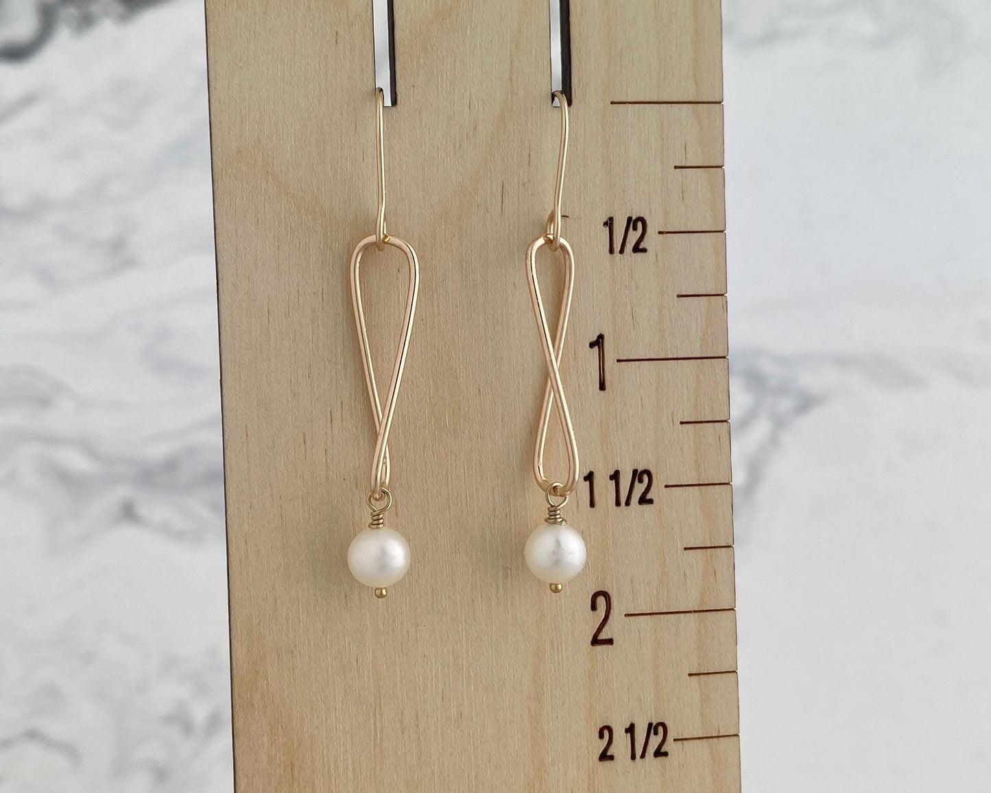 Pearl and gold earrings, twisted gold-fill drops, pearl dangles