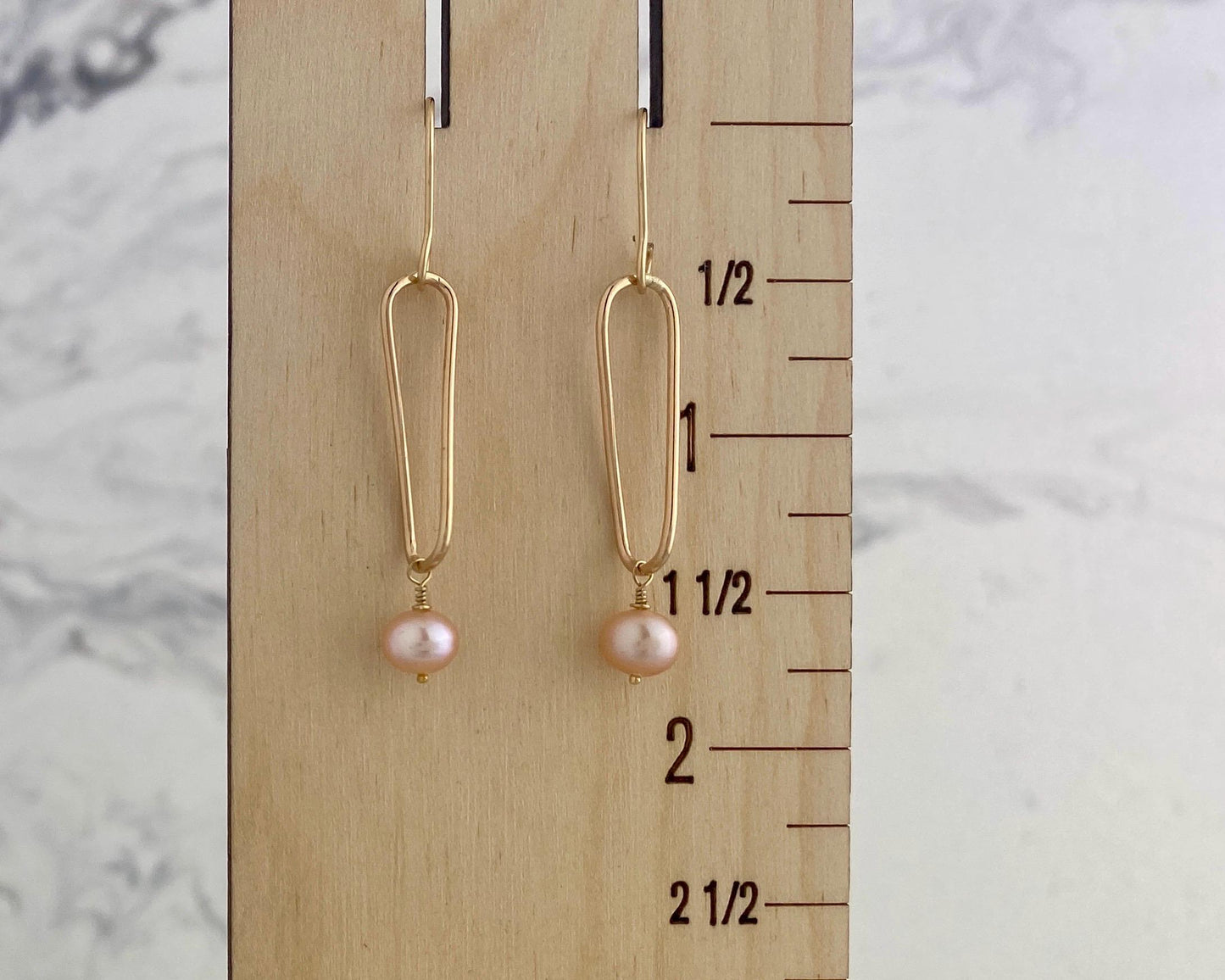 Pearl and gold earrings, twisted gold-fill drops, pink pearl dangles