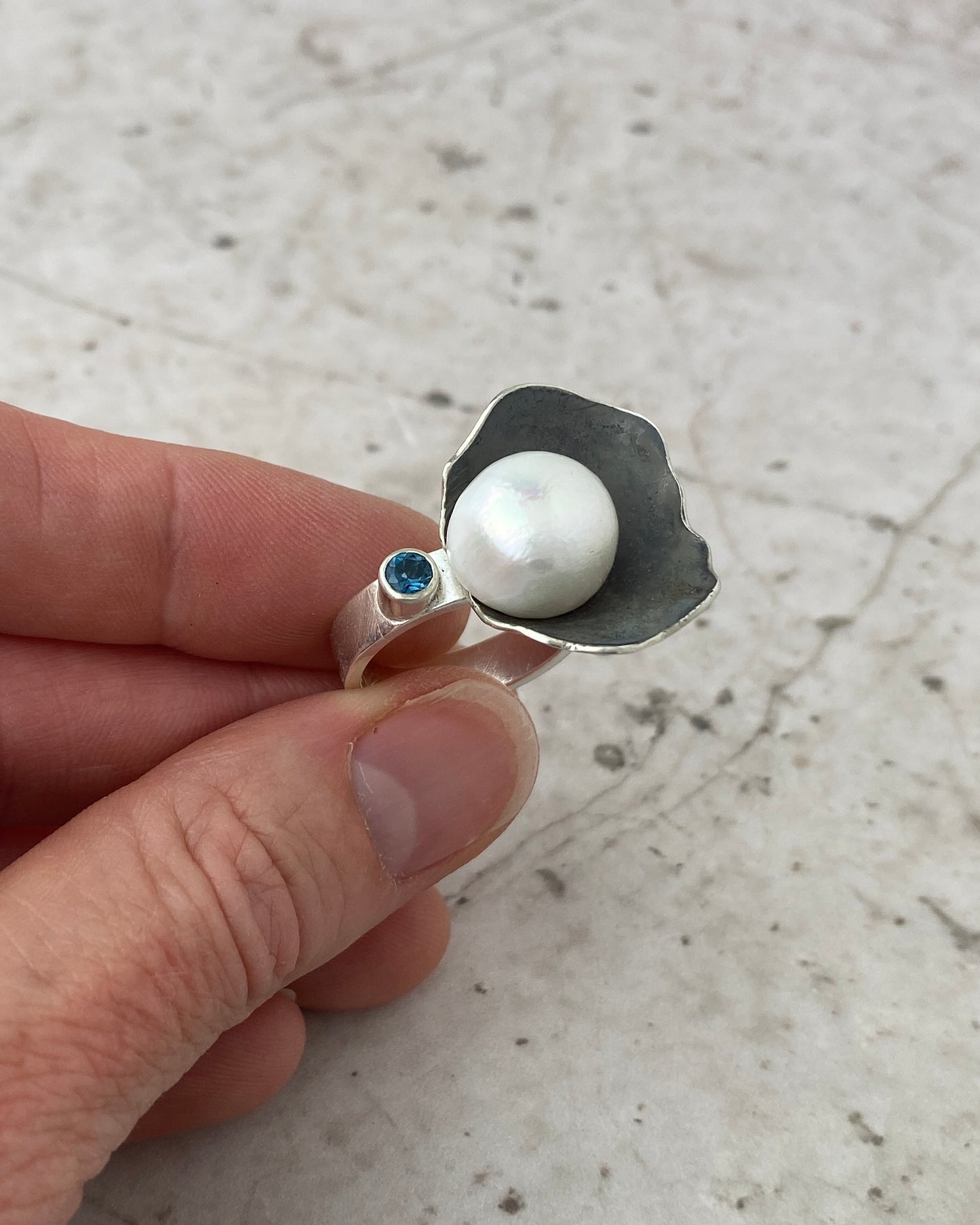 Anemone Ring — White Pearl & Blue Topaz