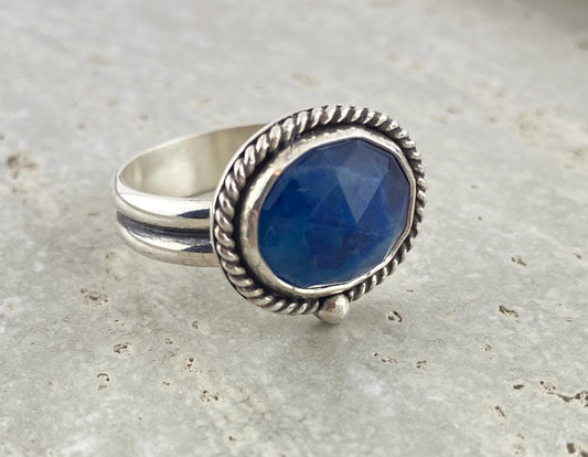Afghanite statement ring, blue silver ring, double half round band, size 9.5, blue maximalist jewelry
