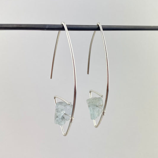 Raw aquamarine arc hoop sterling silver earrings