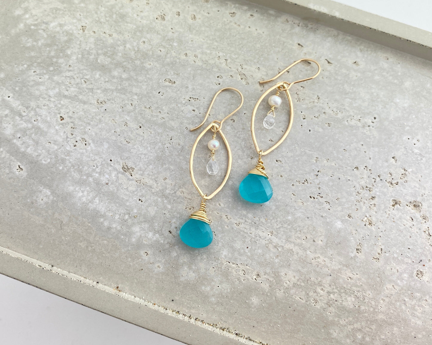 Chalcedony Gold Hoop Earrings, pearl and rainbow moonstone on gold-fill, marquise shape