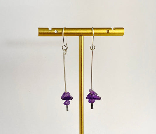Amethyst earrings, hammered silver, long straight drop, made to order