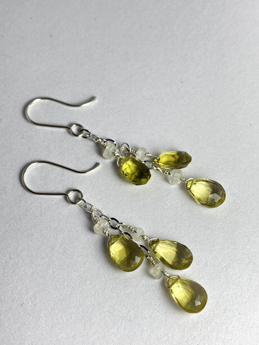 Lemon quartz sterling silver chain earrings, moonstone accents, made to order
