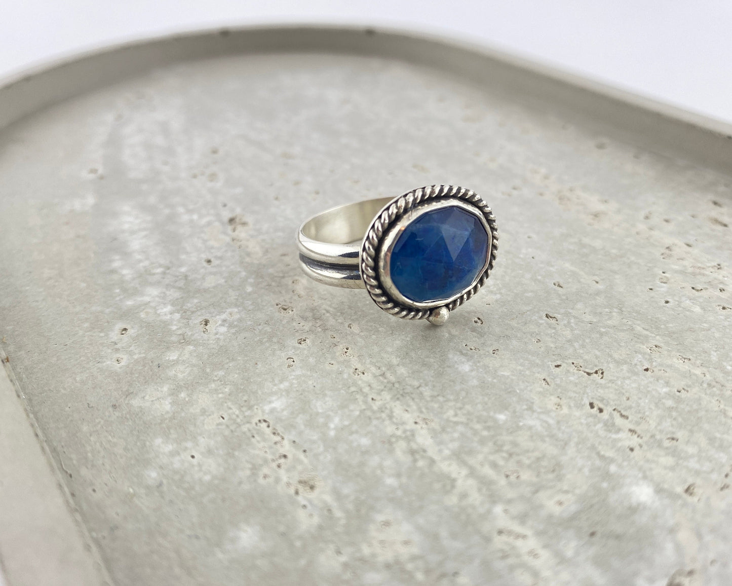 Afghanite statement ring, blue silver ring, double half round band, size 9.5, blue maximalist jewelry