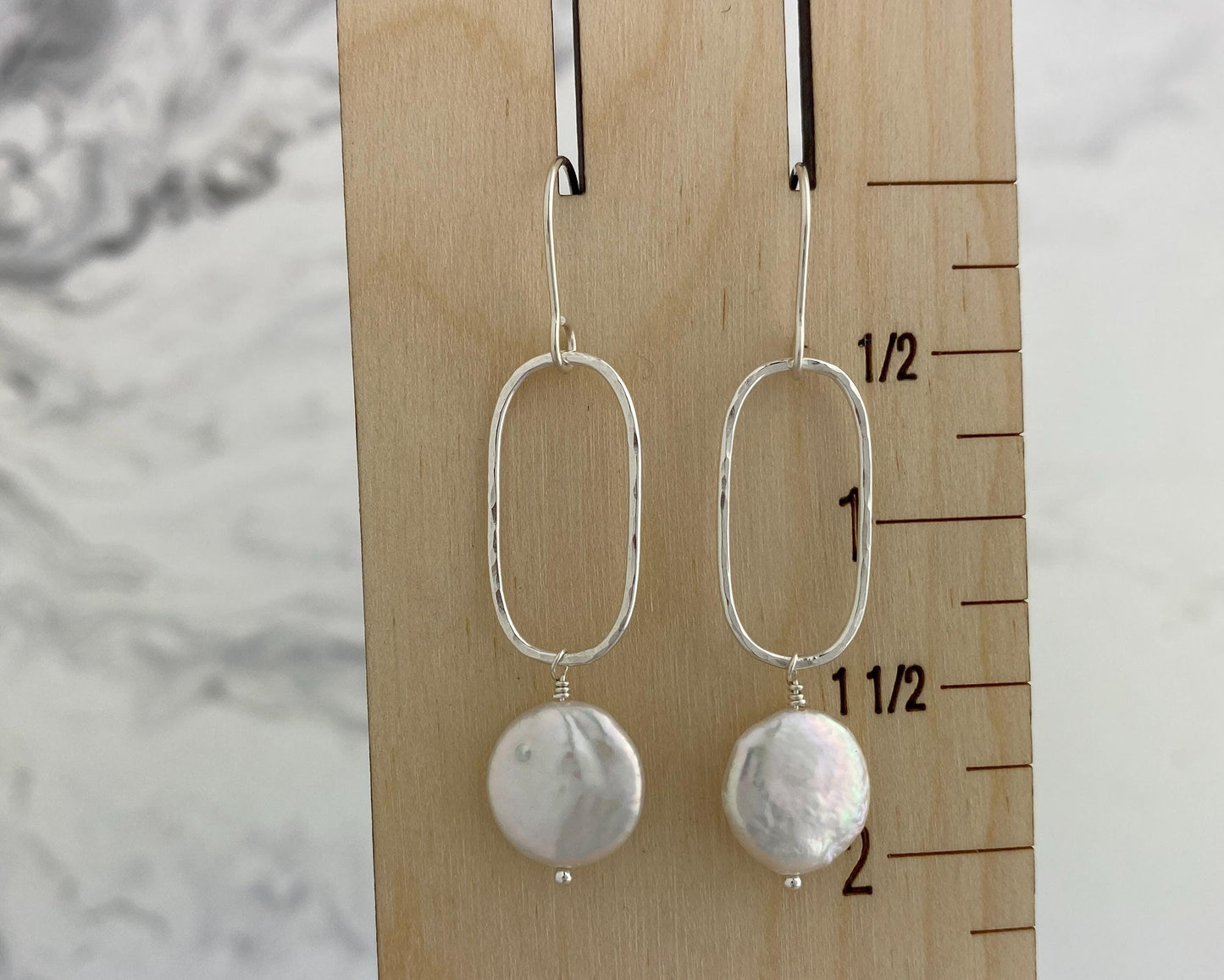 Pearl and silver rectangle earrings, hammered drops, date night jewelry