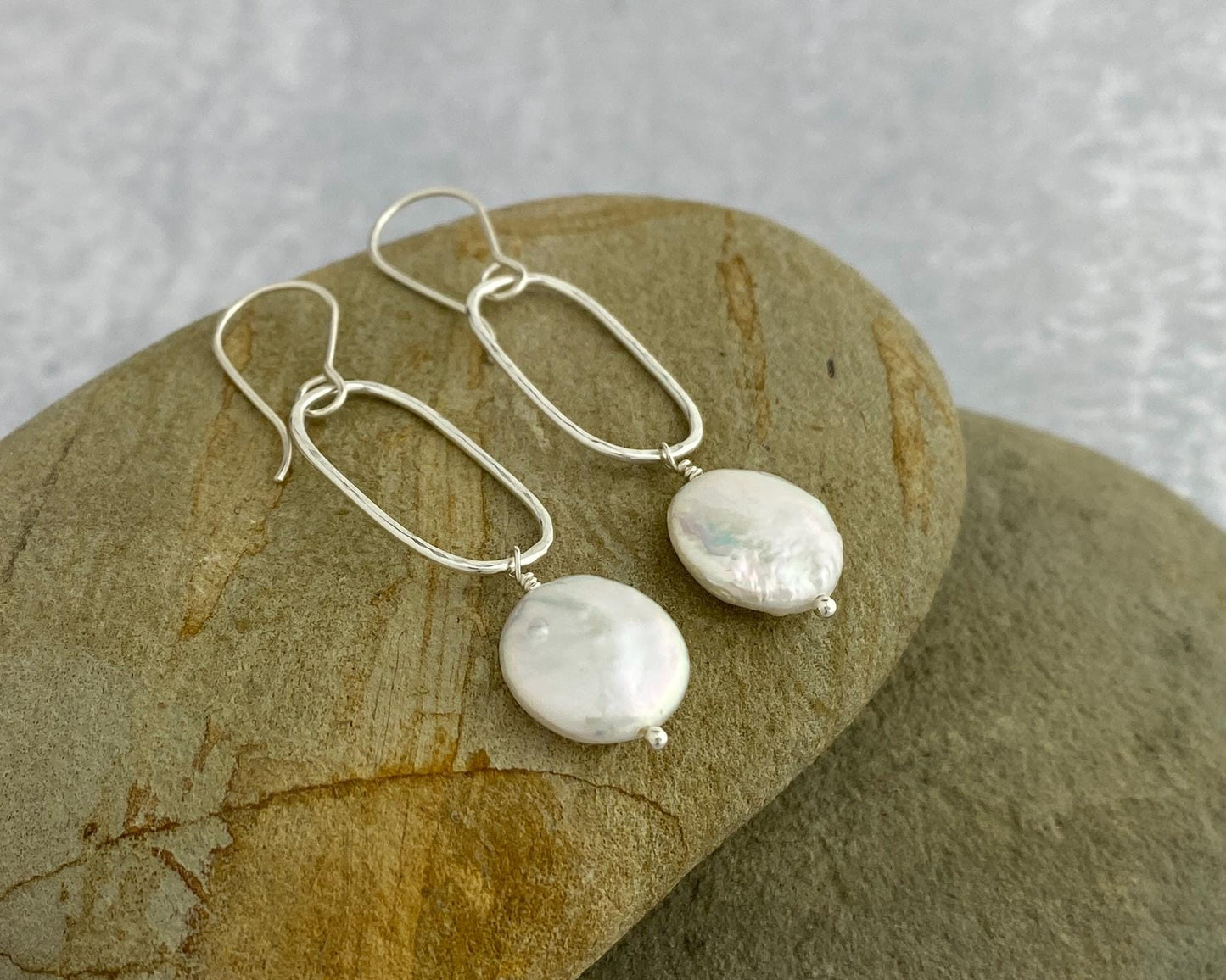 Pearl and silver rectangle earrings, hammered drops, date night jewelry