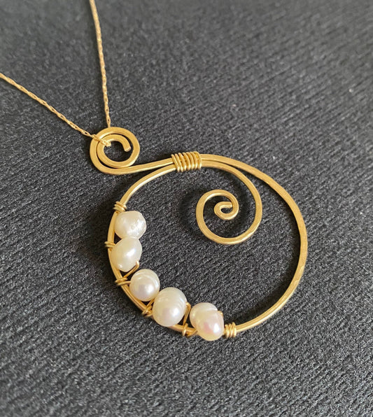 Hammered gold-fill pendant, cultured pearls, spiral and wire wrapped