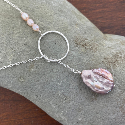 Pink pearl and silver lariat necklace, dainty, 20”, pink Keshi pearl, y necklace