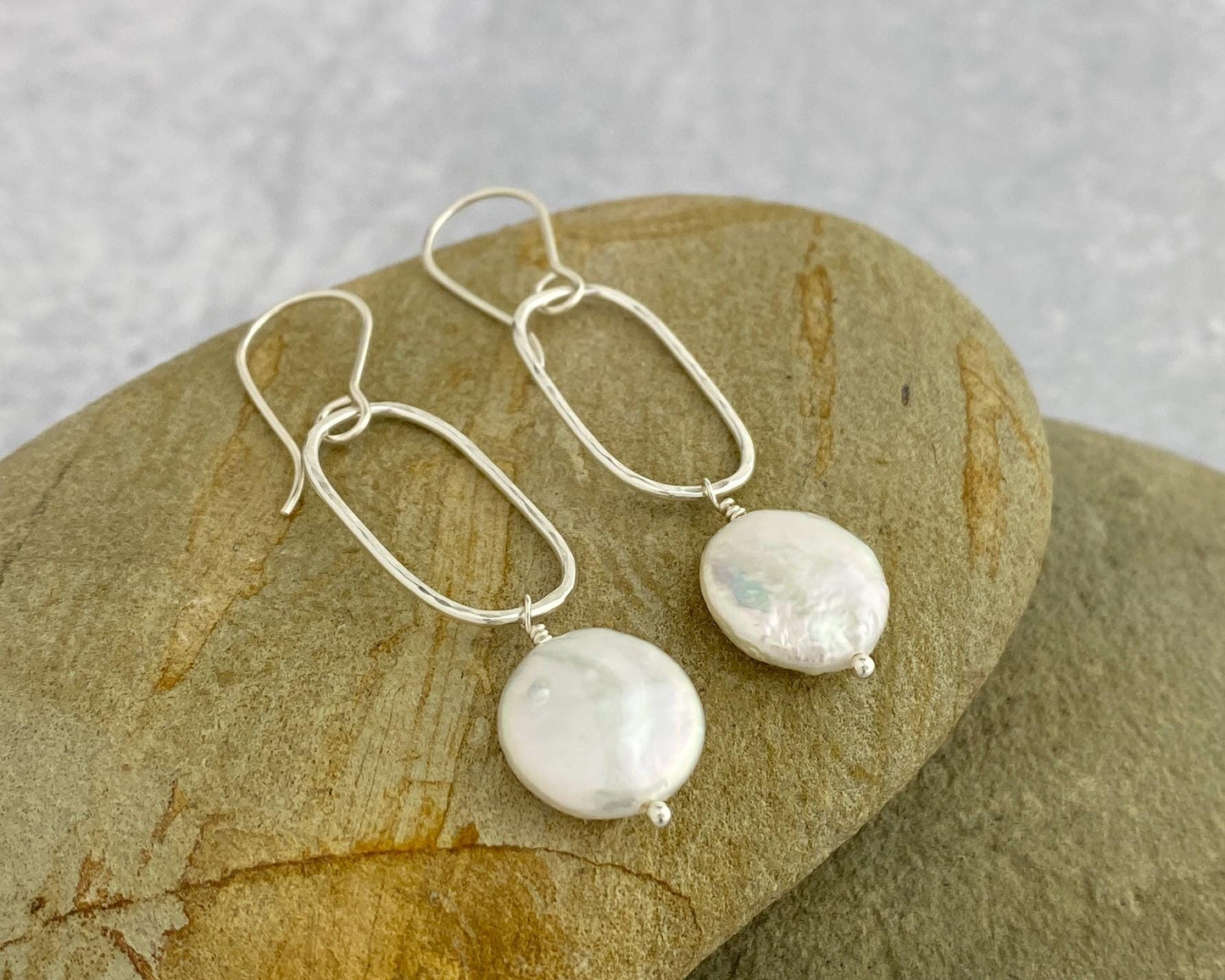 Pearl and silver rectangle earrings, hammered drops, date night jewelry