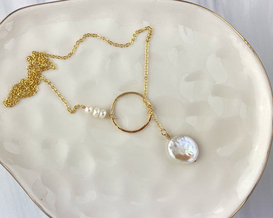 Pearl and gold lariat necklace, dainty, 20”, cultured coin pearl