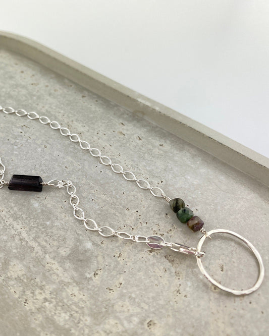 The Spectacle Necklace, eyeglasses chain, circle necklace, tourmaline and sapphire accents