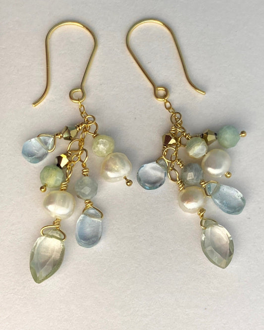 Pair of gold earrings with green and white gemstones on a white background